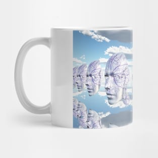 Diembodied faces hover in surreal scene Mug